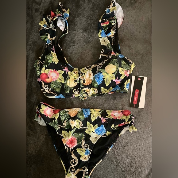 BIKINI RETRO MID WAIST RUFFLE SLEEVES BLACK FLORAL PRINT - Picture 8 of 16